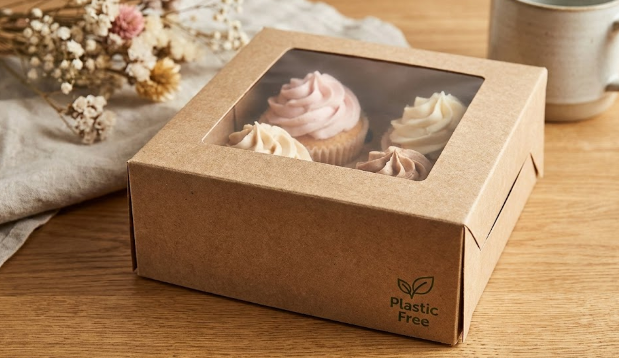 Sustainable natural kraft paper cupcake box with a clear compostable PLA window and plastic-free icon printed on the corner.