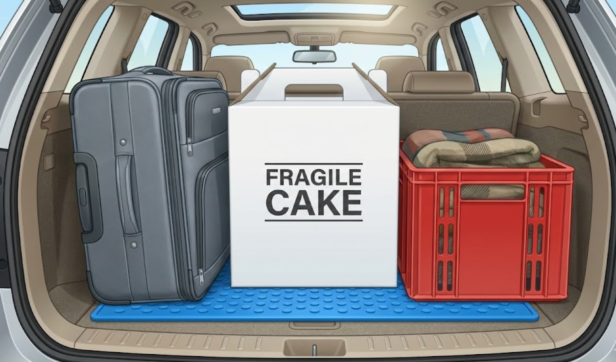 Secure cake delivery setup in an SUV trunk, featuring a tall cake box placed on a silicone non-slip mat and wedged between luggage.