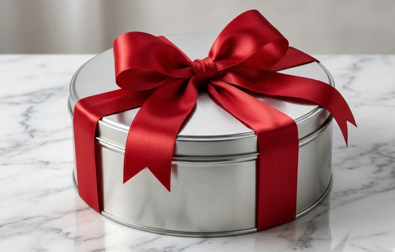 Luxurious round silver metal cookie tin tied with a wide red satin ribbon bow, presenting a durable and premium festive gift option on a marble surface.