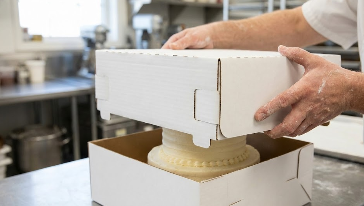  Close-up of a baker's hands lowering a white cardboard extender sleeve into a box base around a tall vanilla cake.
