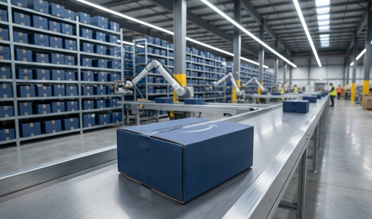 A single custom-branded blue e-commerce box moving on a conveyor belt inside a modern Amazon FBA logistics warehouse, representing efficient fulfillment and optimized packaging.