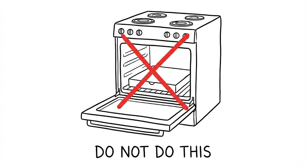 An open oven contains a pizza box with a red prohibition symbol on it, warning not to put cardboard in the oven.
