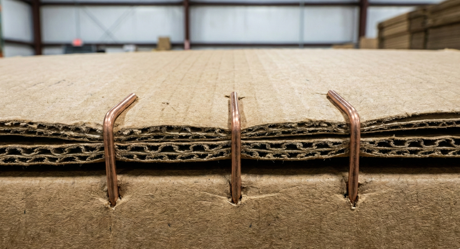 A heavy-duty corrugated box secured with large copper wide-crown staples instead of packing tape.