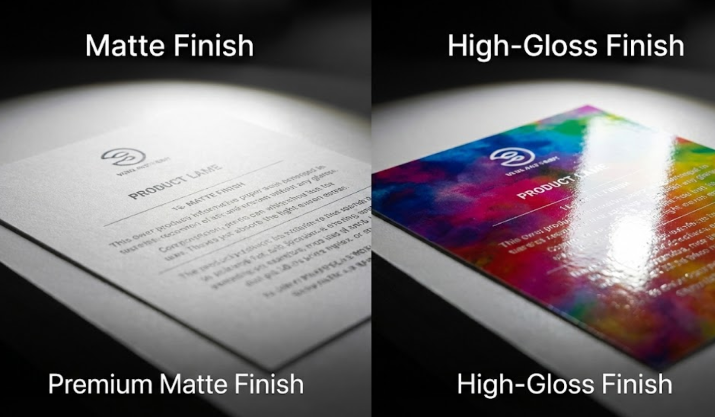 Macro comparison showing a non-reflective matte label finish next to a highly reflective gloss label finish.