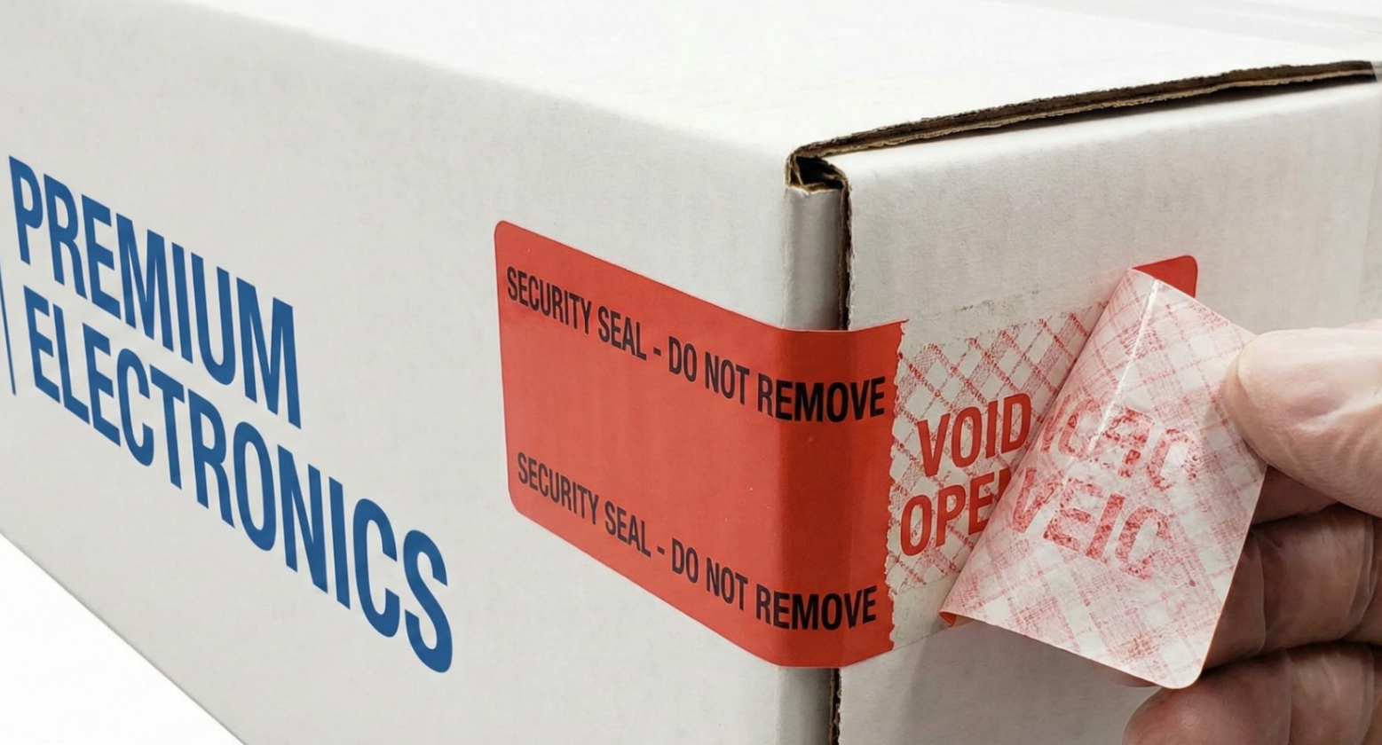 A security seal on a shipping box peeled back to reveal a "VOID" message on the cardboard, indicating the package was opened.