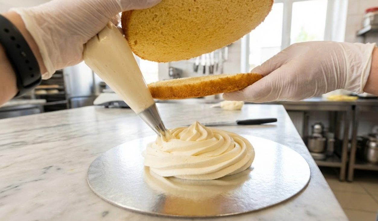 Baker applying a swirl of stiff buttercream to a silver cake board to anchor the sponge cake.