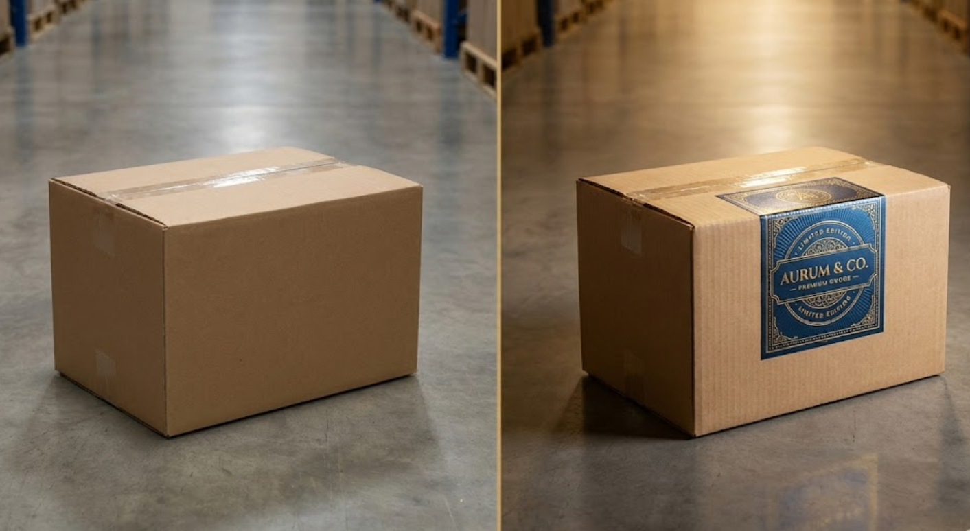 Side-by-side comparison of a plain corrugated box and a box upgraded with a premium custom brand label.