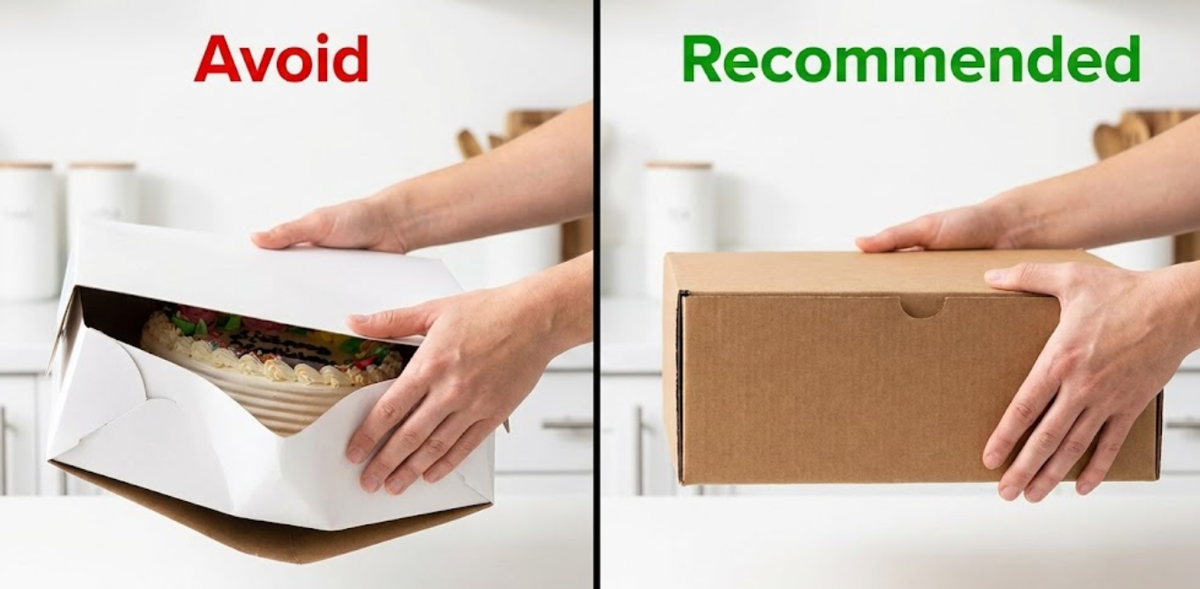 Comparison showing a sagging thin paperboard box versus a rigid corrugated cardboard box under the weight of a cake.