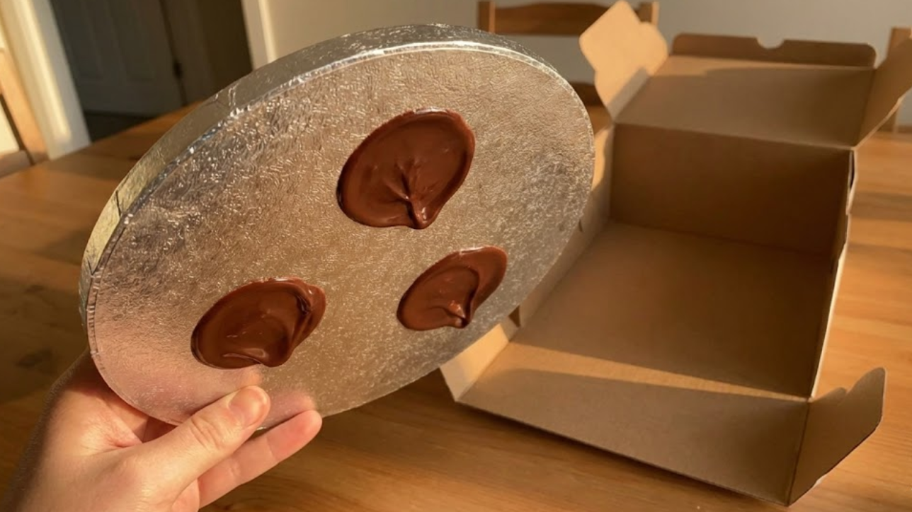 Underside of a cake drum showing melted chocolate puddles used to glue the board to the box.