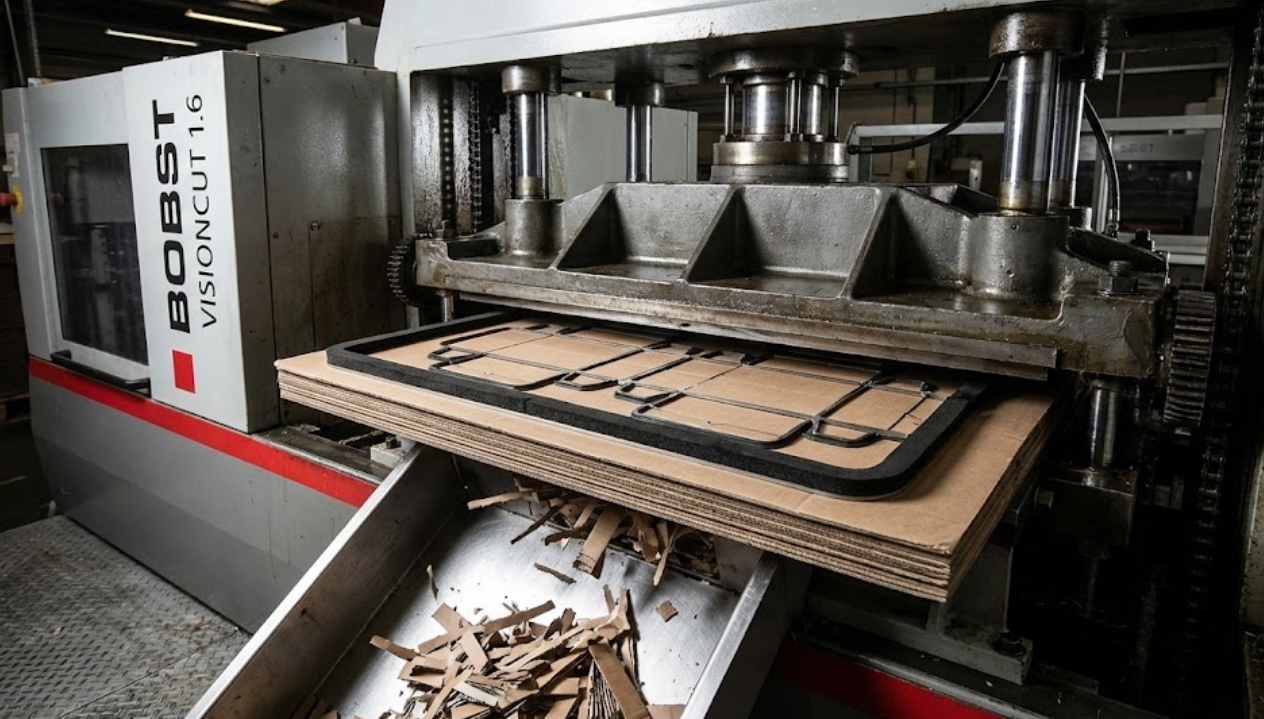 Industrial BOBST VISIONCUT die-cutting machine pressing a steel rule die onto cardboard sheets, showing precision cutting and automatic waste stripping process.