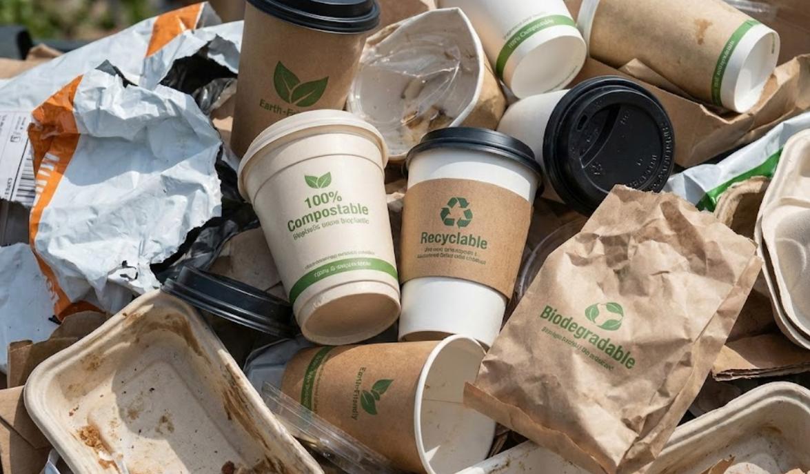 Close-up of a chaotic pile of single-use packaging waste including coffee cups and mailers with conflicting labels like Compostable, Biodegradable, and Recyclable, illustrating consumer confusion and greenwashing.