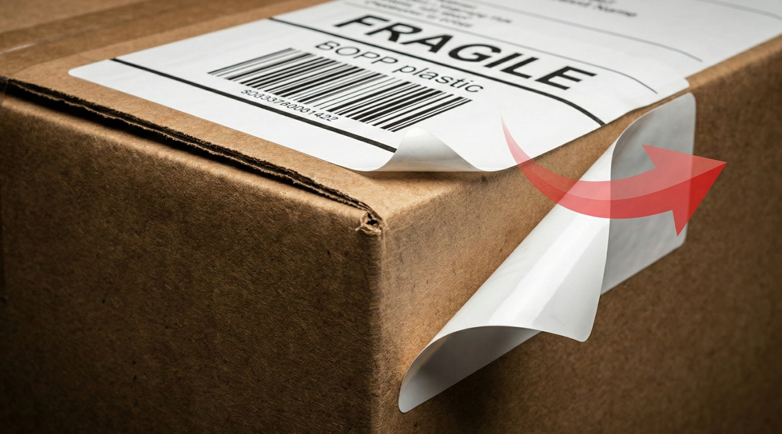  Illustration of "Plastic Memory" showing a rigid BOPP label lifting off a curved box edge because the material wants to return to its flat shape.