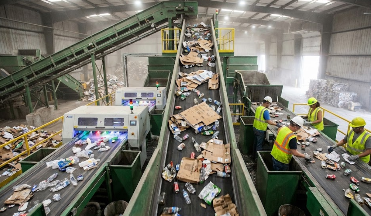 Interior view of a busy Materials Recovery Facility (MRF) with automated conveyor belts sorting mixed plastics, cardboard, and metal cans, showing the industrial reality of recycling infrastructure.