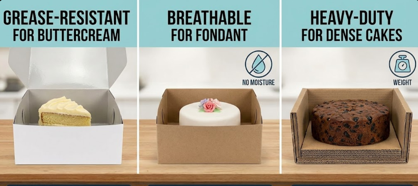 nfographic illustrating the correct box materials for buttercream cakes, fondant cakes, and heavy dense cakes.