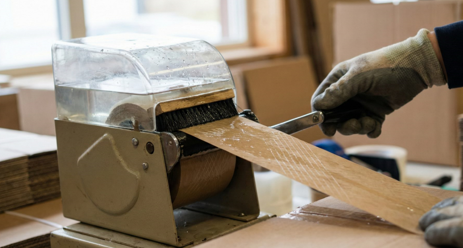 A close-up of a water-activated tape dispenser releasing a strip of reinforced brown paper gummed tape at a packing station.