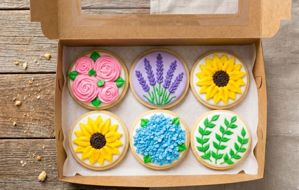 Rectangular 8x5.5 inch kraft bakery box with a clear window lid, displaying a half-dozen floral decorated sugar cookies in a neat flat lay arrangement on a wooden table.