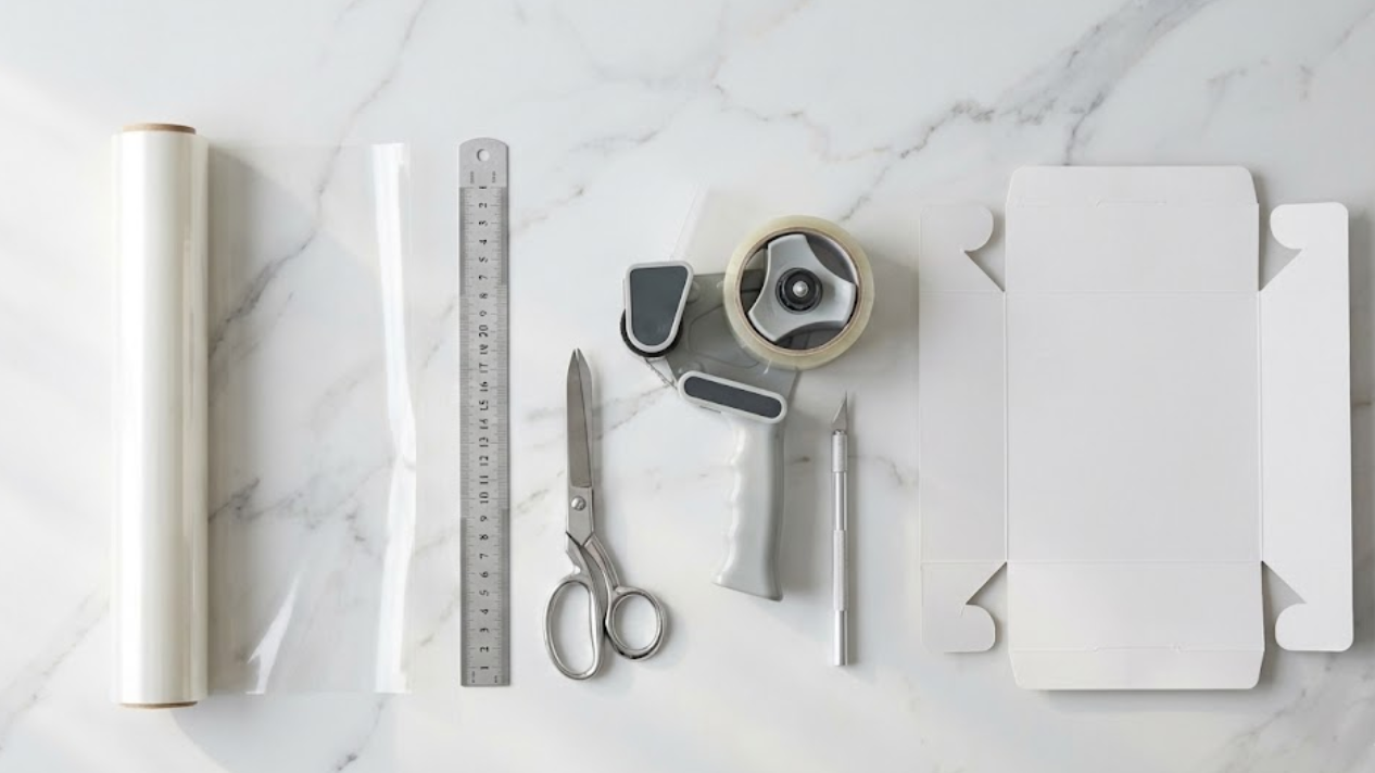 Flat lay on white marble showing tools for making extenders: acetate roll, ruler, scissors, tape, and a craft knife.