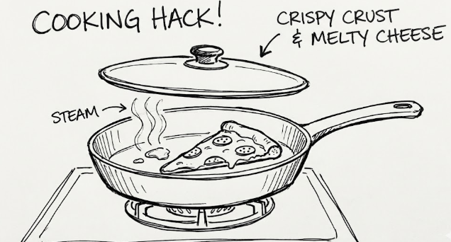 Pan-heating method for pizza: a slice of pizza with a little steam in the pan, and the lid is about to be closed to melt the cheese.
