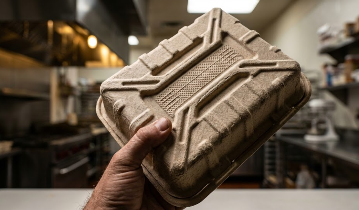 Close-up of hand holding a molded fiber bento box, highlighting the structural reinforcement ribs on the bottom base.