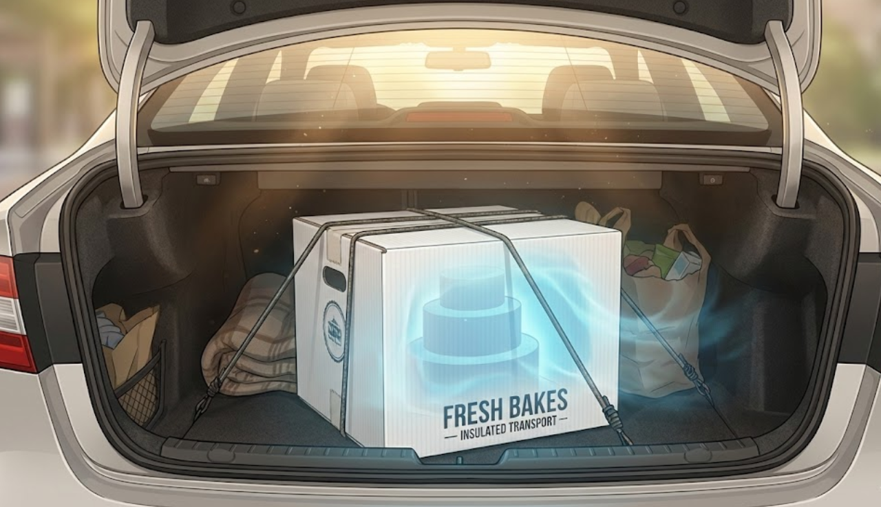 Insulated tall cake box in a car trunk with a visual representation of trapped cold air protecting the frosting from heat and sunlight.