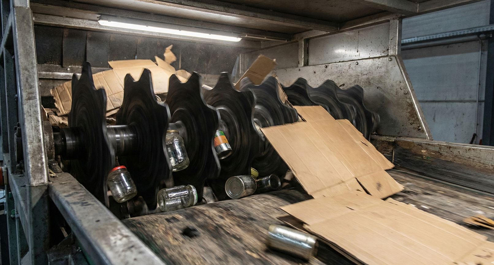 Close-up of a recycling sorting machine with spinning star-shaped discs kicking flattened cardboard pieces upward along a belt while heavier glass items fall through the gaps.