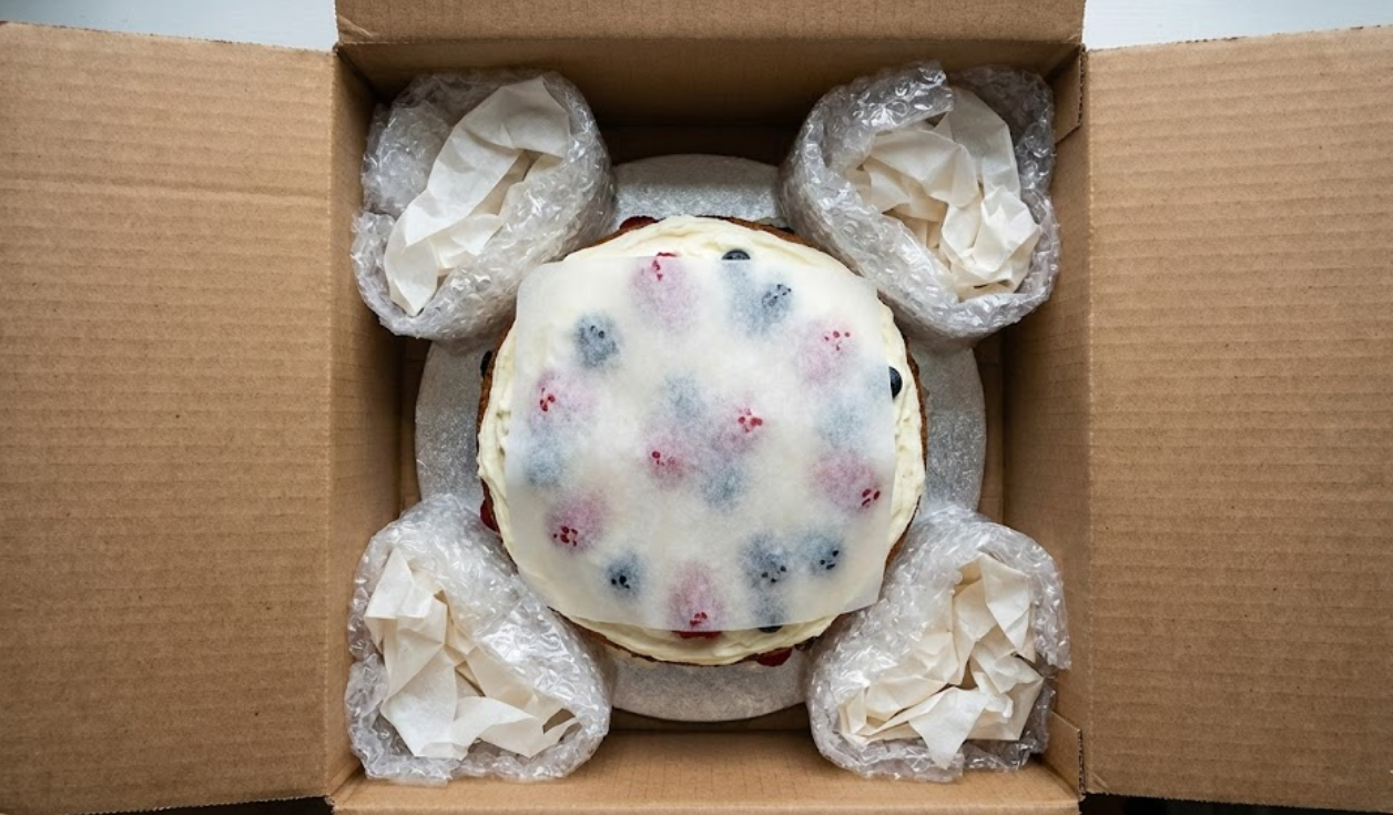Text: Top-down view of a round cake in a square box with parchment paper and bubble wrap filling the corner gaps.
