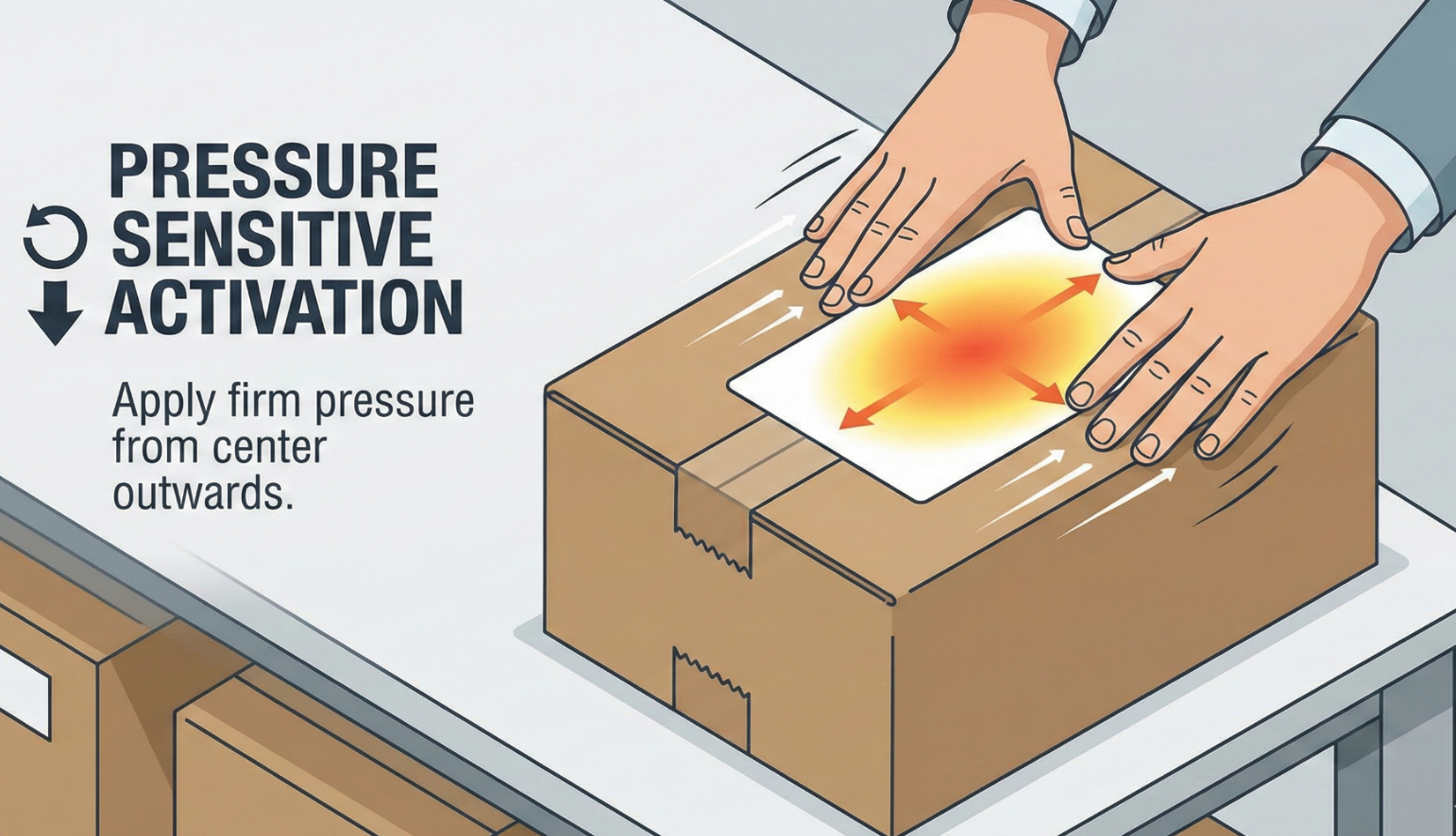 Instructional graphic demonstrating the correct label application technique: Applying firm pressure from the center outwards to activate the adhesive.
