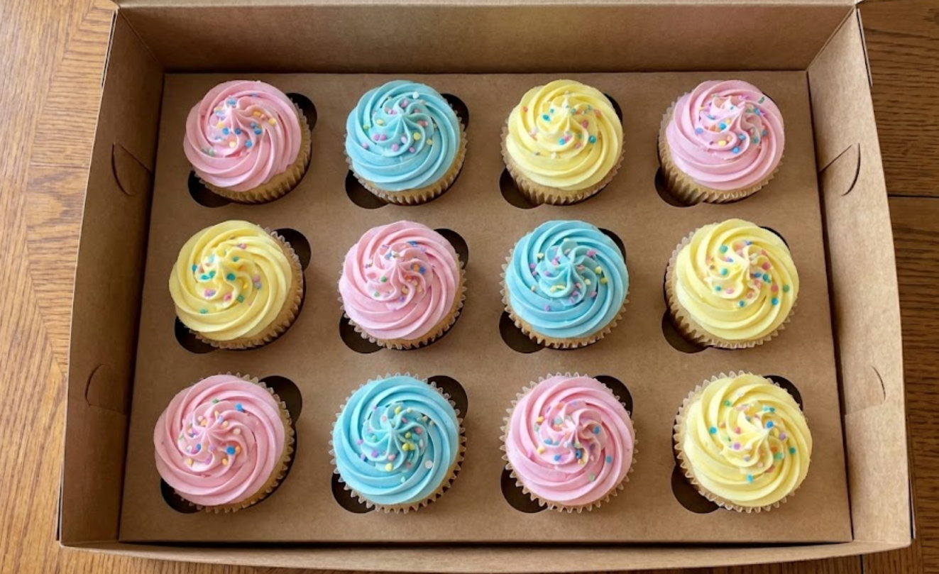 Individual cupcake liners are neatly arranged in a kraft paper cake box with an inner lining.