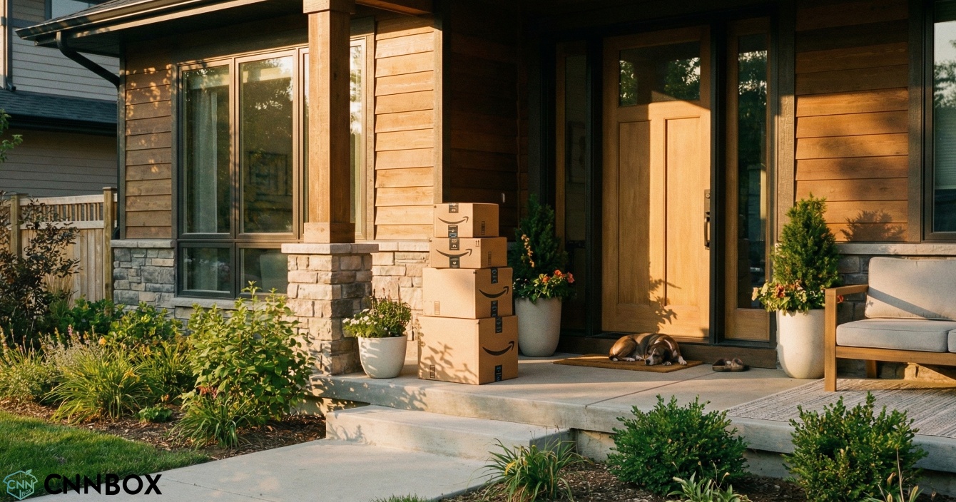 brown Amazon-style shipping boxes with black tape is sitting near the front door