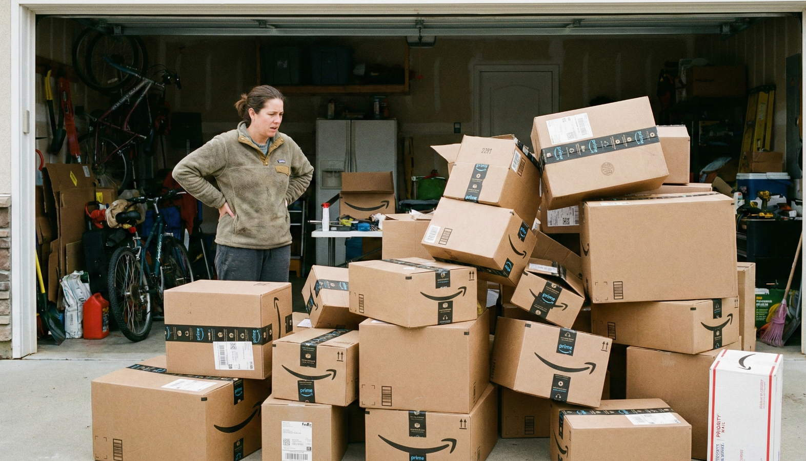 A homeowner standing in a garage doorway, looking overwhelmed by a large, chaotic stack of unflattened brown corrugated shipping boxes.