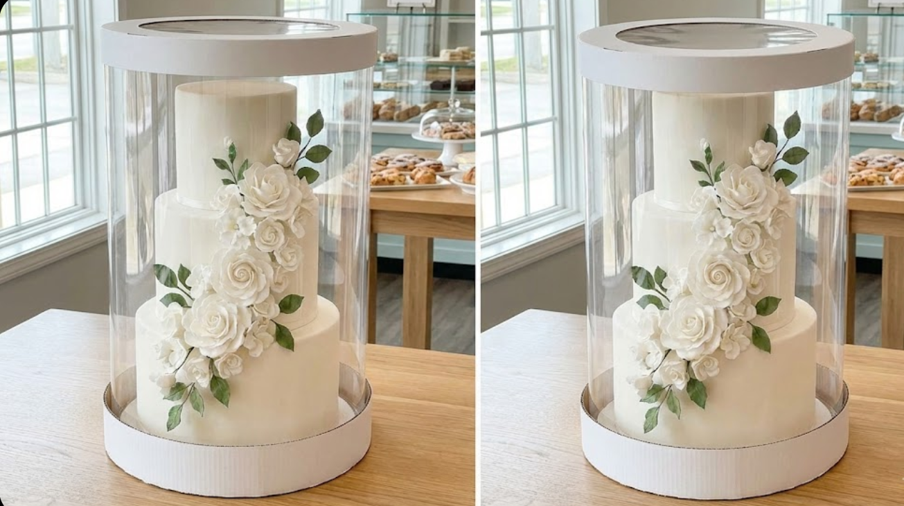  A tall three-tier wedding cake enclosed in a clear acetate cylinder extender, providing a full 360-degree view.
