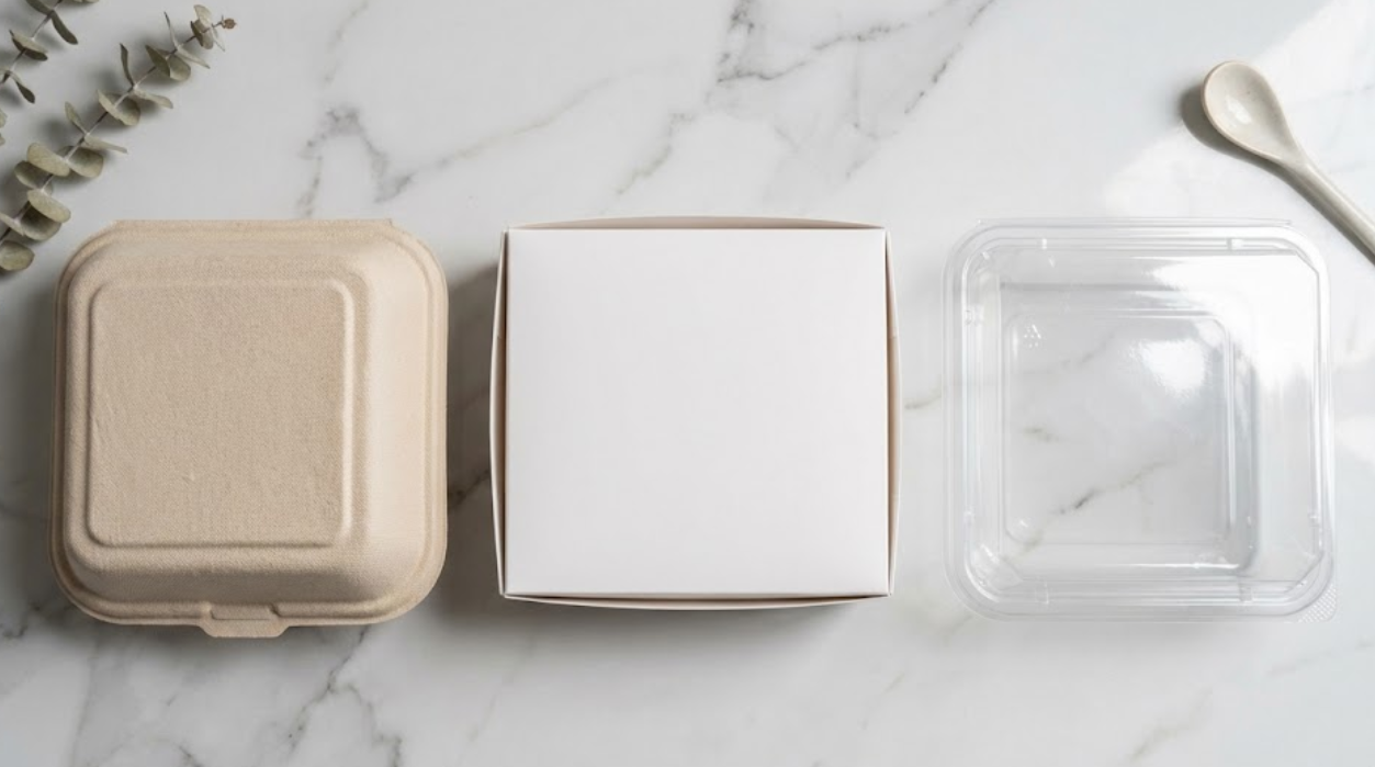 Flat lay displaying three types of bento box materials: molded fiber (bagasse), white paperboard, and clear PET plastic.