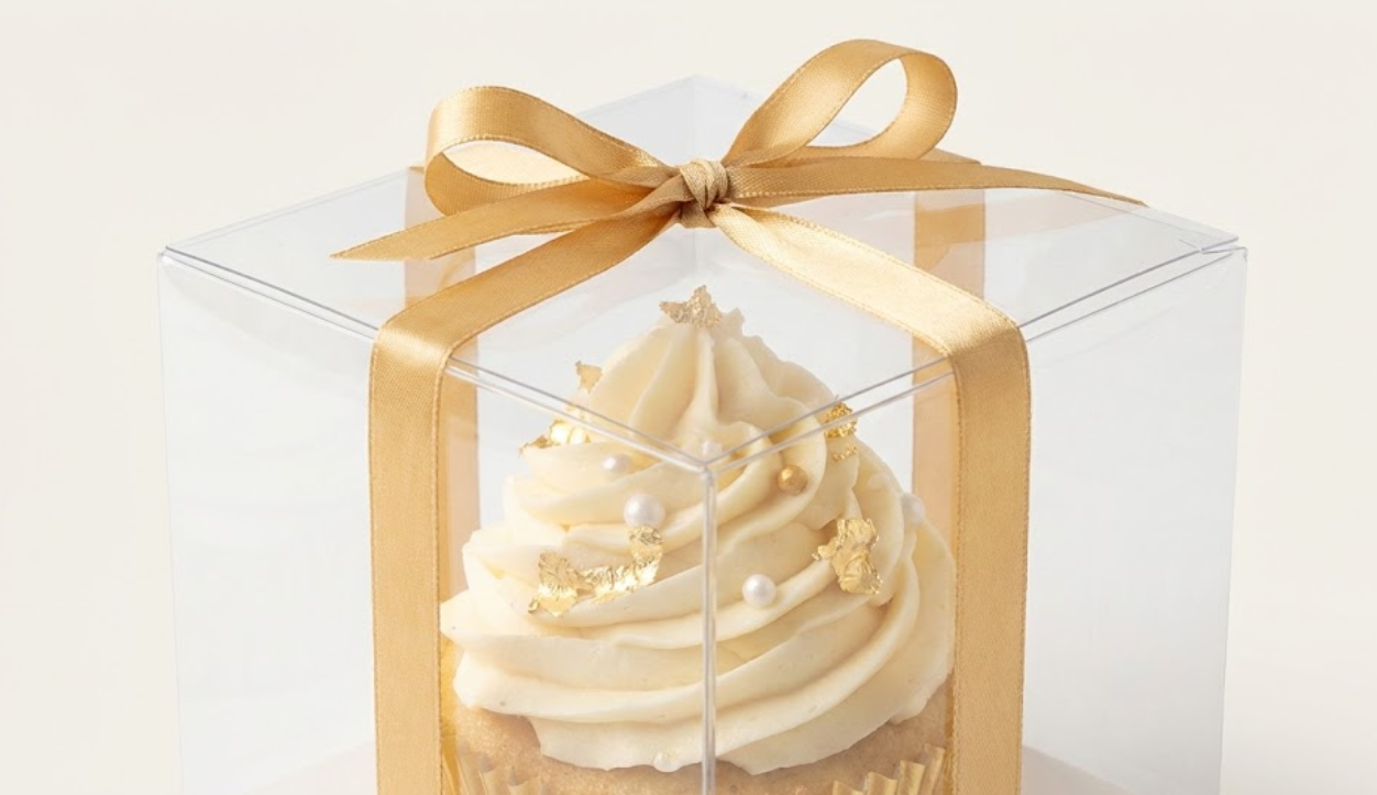 Single gourmet cupcake displayed in a completely clear acetate cubic gift box tied with a gold satin ribbon for 360-degree visibility.