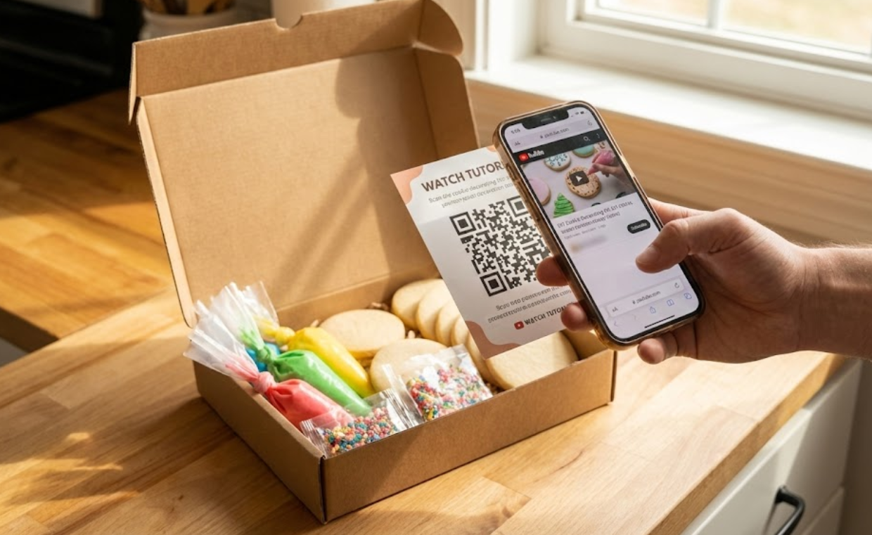 Warm lifestyle photograph of a customer holding a smartphone to scan a large QR code printed on an instruction card inside an open DIY cookie decorating kit, loading a video tutorial.