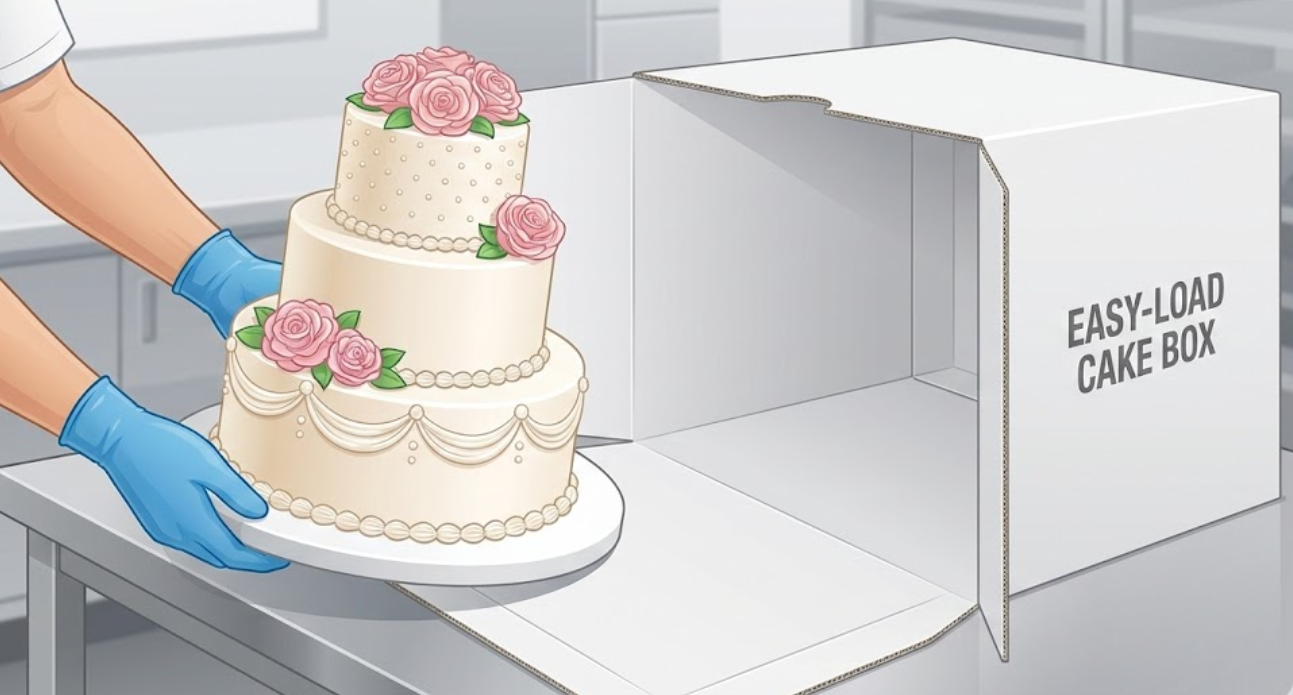 Baker utilizing a front-loading cake box design to safely slide a heavy tiered cake onto the base without lifting or damaging the sides.