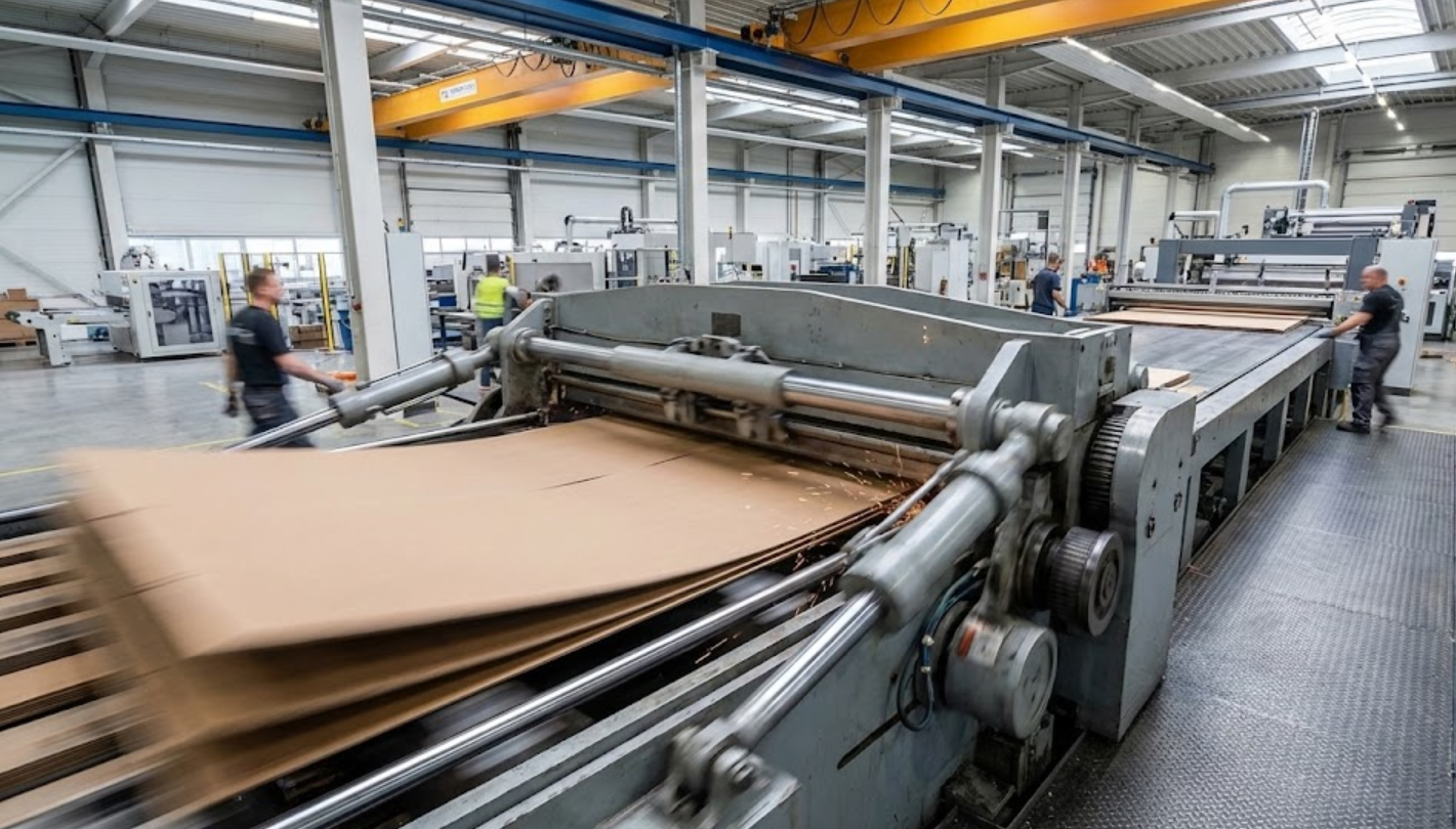 Massive flatbed die-cutting machine processing corrugated cardboard sheets in a modern factory.
