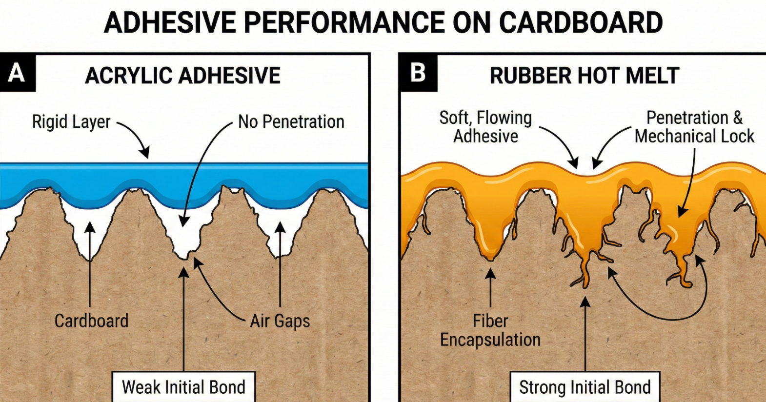 Diagram illustrating the "wet-out" effect: Rubber adhesive flows into cardboard fibers for a strong grip, while acrylic adhesive sits rigid on the surface.