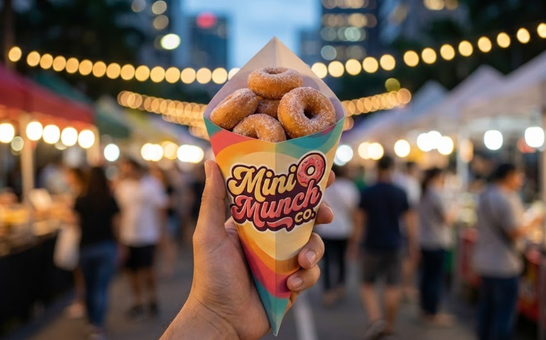 Custom printed paper cone held in hand at a night market, filled with warm sugar-dusted mini donuts, featuring full-bleed retro branding for street food vendors.