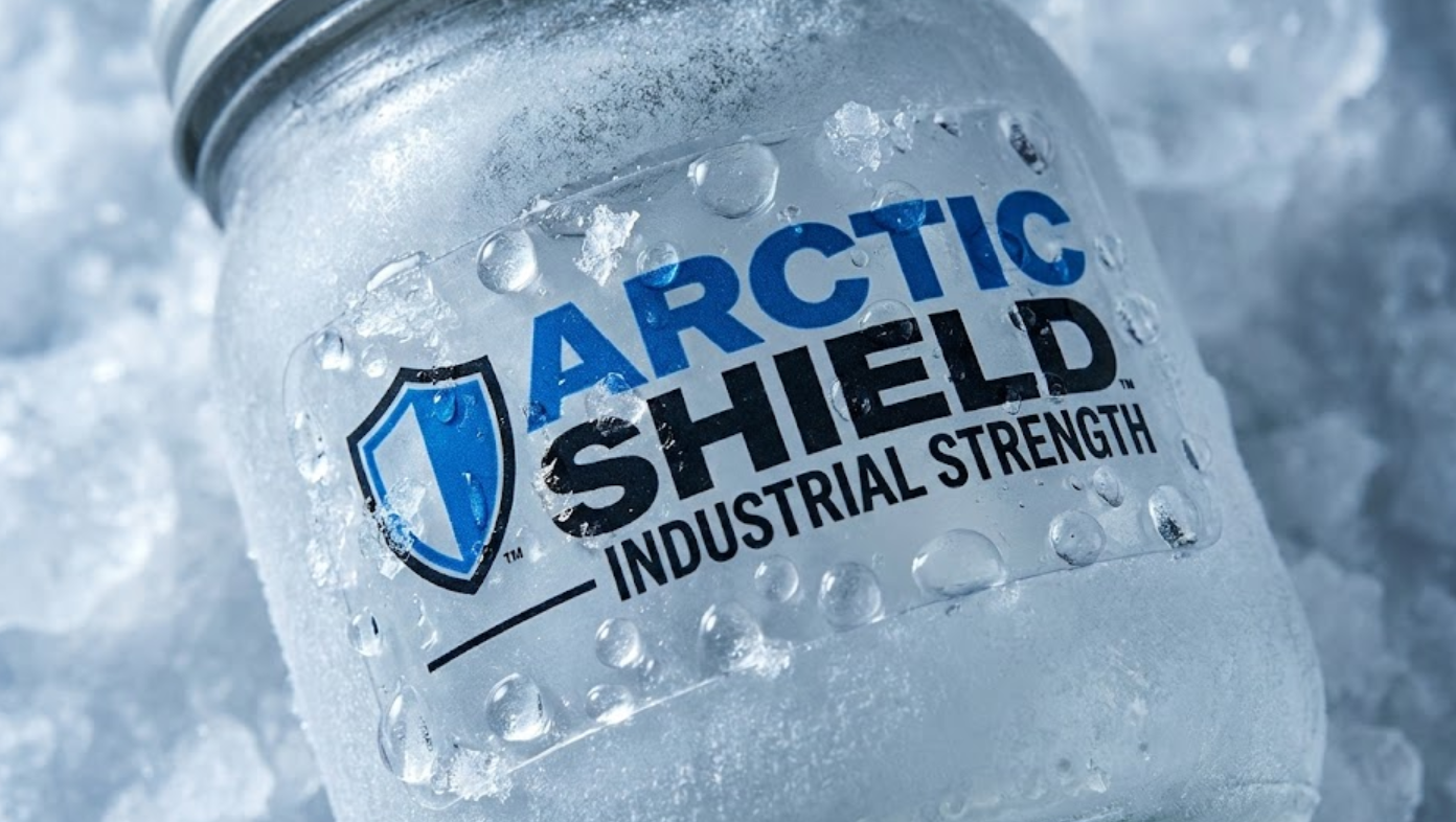 Laminated industrial label surviving freezing temperatures, ice crystals, and water droplets on a glass jar.
