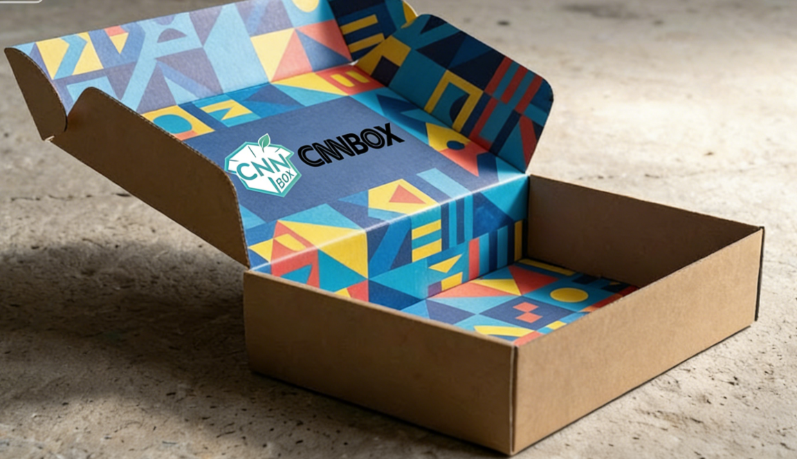 Custom mailer box showing a plain brown kraft exterior and a vibrant full-color printed interior.