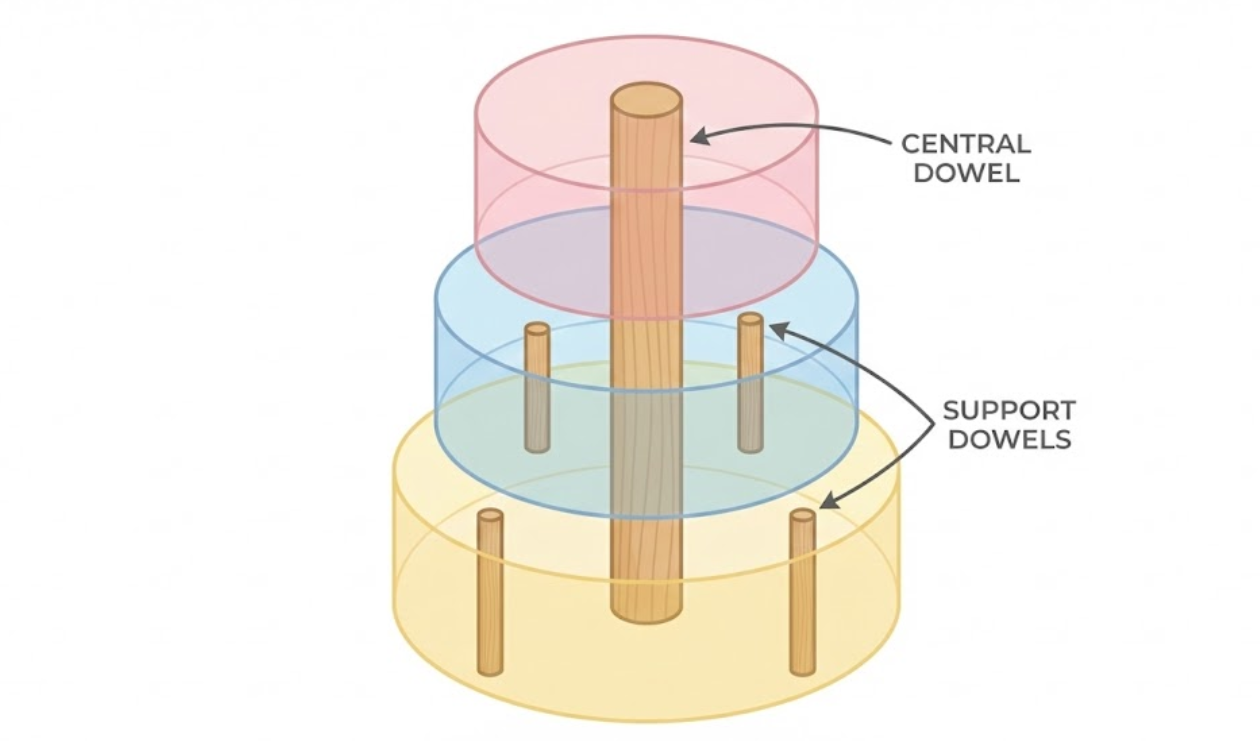 Exploded view infographic revealing the internal central wooden dowel system required to stabilize multi-tiered cakes.