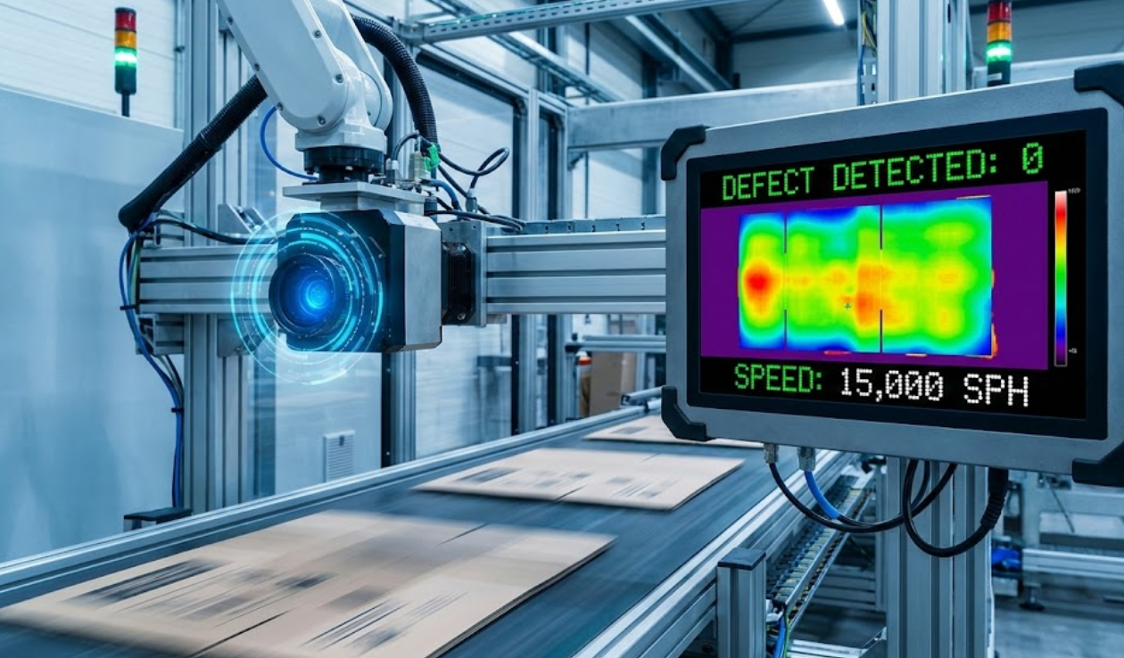 "Close-up of an Automated Optical Inspection (AOI) camera scanning cardboard sheets on a conveyor belt, with a monitor displaying real-time zero-defect heat map data.
