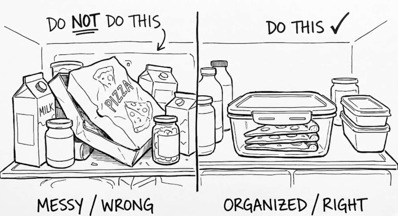 On the left is a crowded fridge stuffed with huge pizza boxes; on the right are neat, sealed containers storing pizza slices.