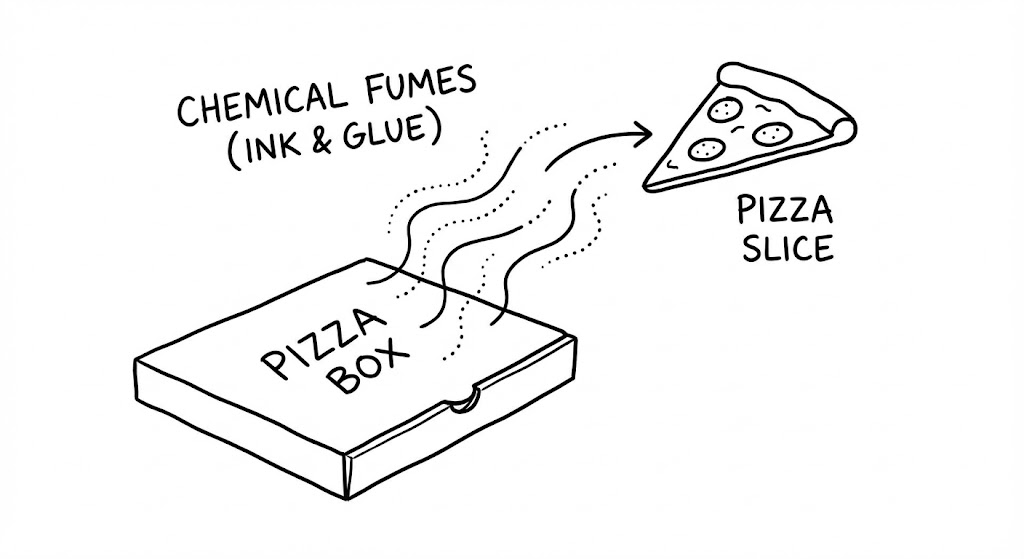 Chemical fumes released from the pizza box under high heat (wavy lines) are seeping into the nearby pizza.