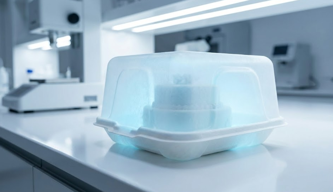 Innovative concept shot of a semi-translucent molded fiber bento box glowing in a laboratory environment.