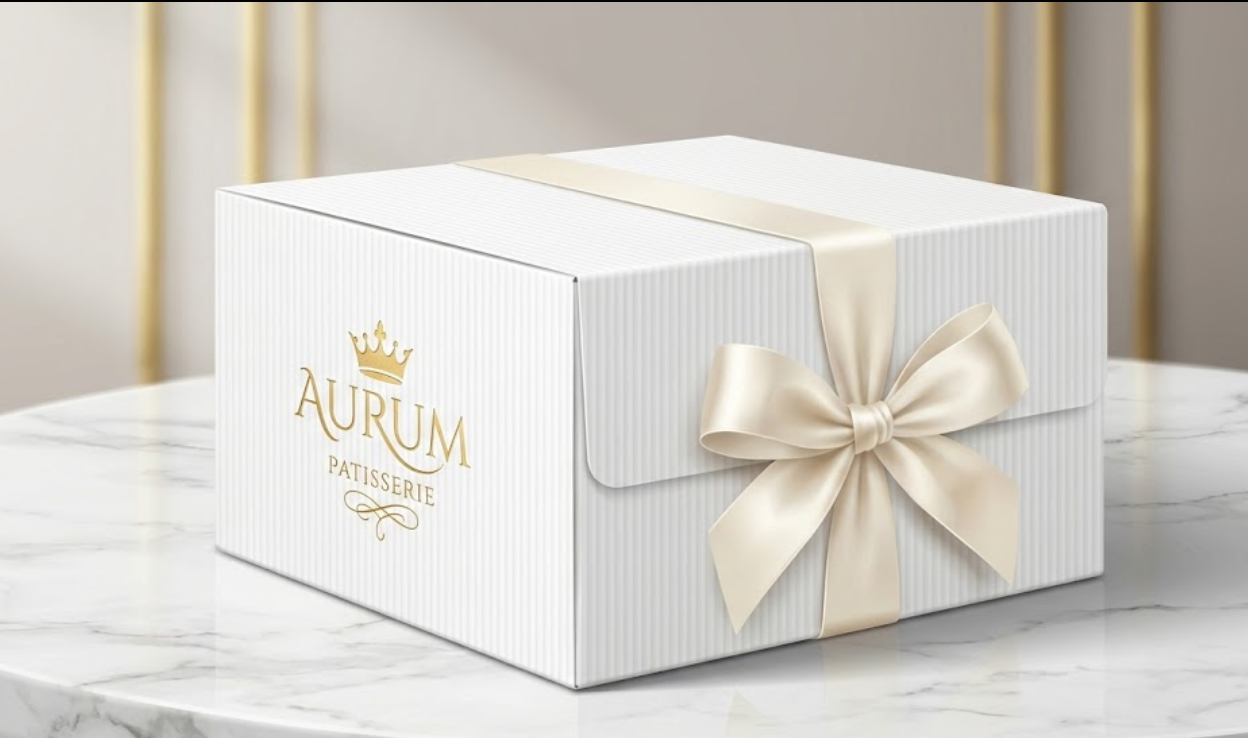 Premium luxury tall cake box with gold foil stamping and a satin ribbon, demonstrating high-end bakery branding and packaging value.