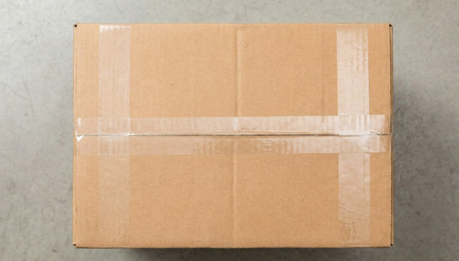 Top-down view of a cardboard box sealed with the "H-Tape" method, showing tape along the center seam and both side edge seams.