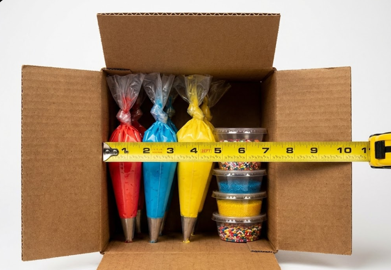 Open corrugated shipping box for a DIY cookie kit containing upright royal icing bags and stacked sprinkle containers. A yellow tape measure is held horizontally across the items to illustrate internal space requirements.