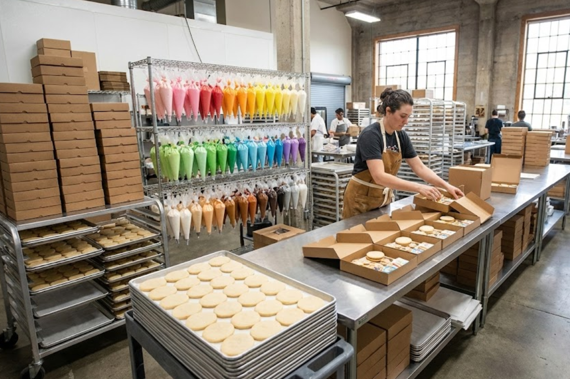Wide-angle view of a professional bakery production area set up for high-volume, efficient batch assembly of cookie decorating kits, featuring hanging racks of color-sorted icing bags and assembly workers.