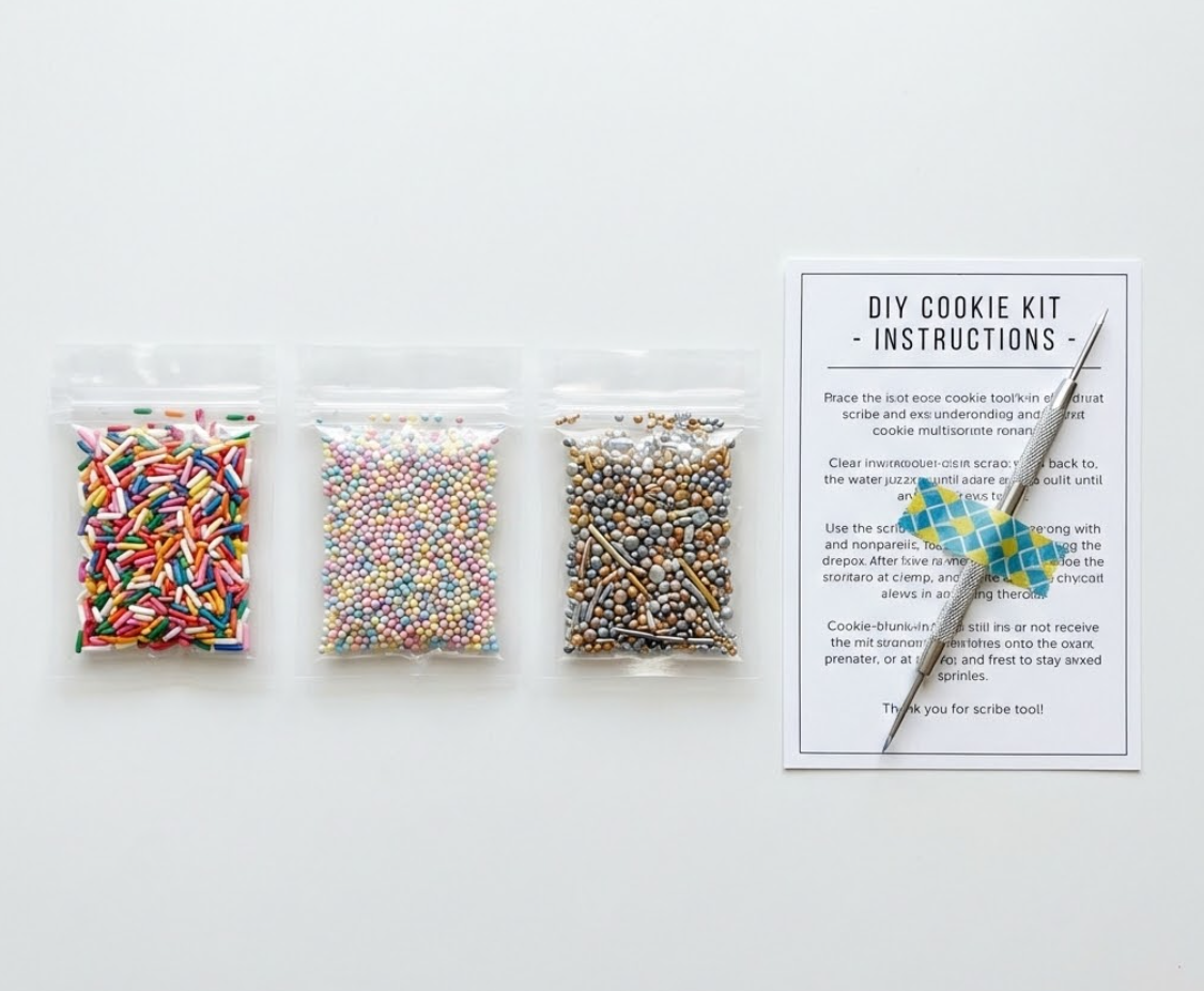 Organized flatlay layout of small DIY cookie kit components: three heat-sealed clear pouches of various sprinkles and a metal scribe tool secured to an instruction card with colorful washi tape.